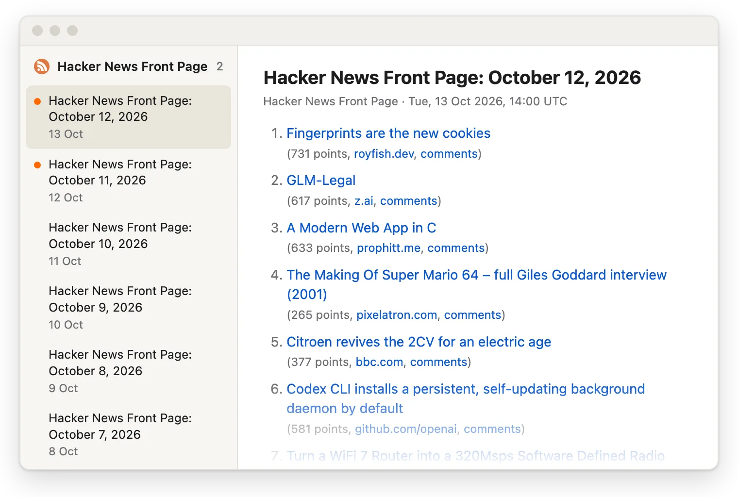 An RSS reader showing the front page feed: one post per day, each listing that day's Hacker News front page in Hacker News's own order, with points, site and a comments link for every story.