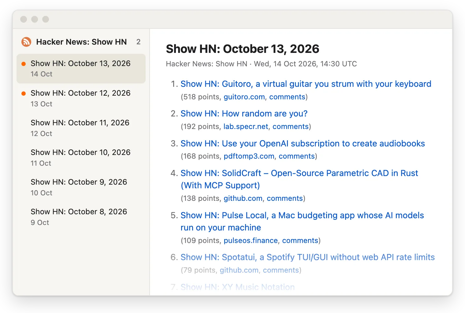 An RSS reader showing the Show HN feed: one post per day, each listing every Show HN post submitted that day, sorted by points, with site and a comments link for every post.